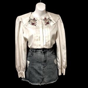 Vintage Nilani Satin Floral Embroidered 
Button Down Sheer Long Sleeve Blouse 8